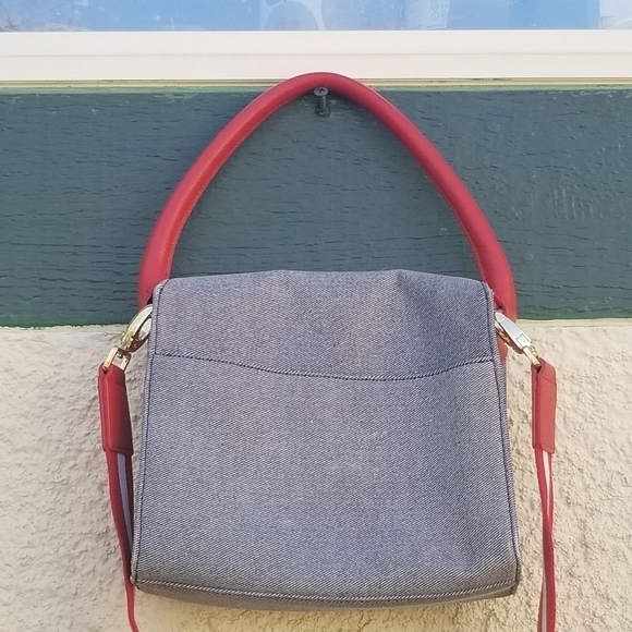 Talbot's denim look purse with red strap and removable crossbody - Picture 2 of 8
